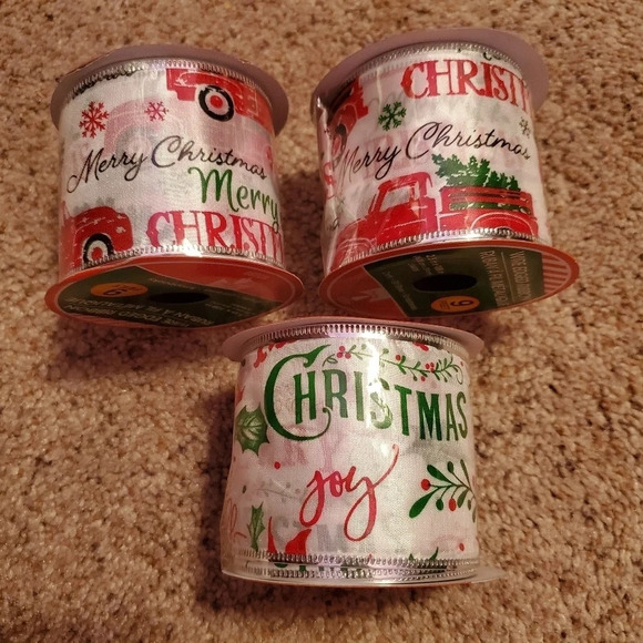 Christmas Red Truck Wired Edged Ribbon 9 ft - Picture 1 of 4